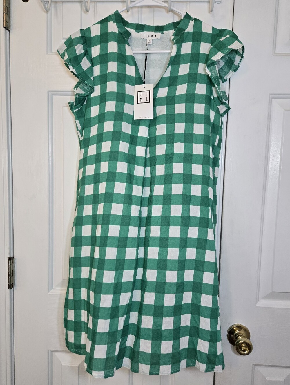 THML Green White Gingham Plaid Cap Ruffle Sleeve Dress Size S
